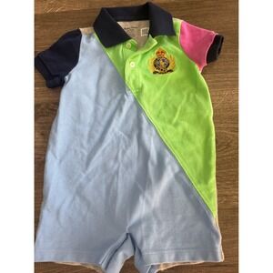 Ralph Lauren Baby Boy Colorblock Crest Polo Romper 9M Multi Color Short Sleeve
